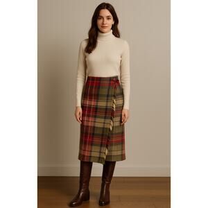 Vintage Liz Claiborne Plaid Wrap Skirt Green Red Fringe Academia Size 4 Holiday